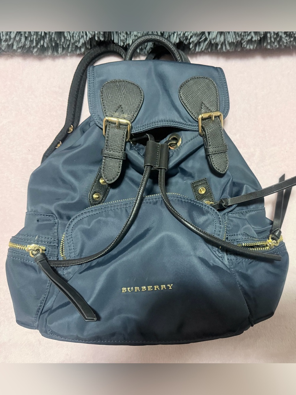 Burberry Navy Nylon Buckle Drawstring Backpack with Gold Hardware